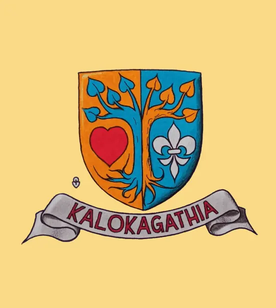 A Látható hangok fejelsztő program logo-ja; címer, pajzson egy szív, fa és egy..., alatta Kalokagathia szöveg szalagon.